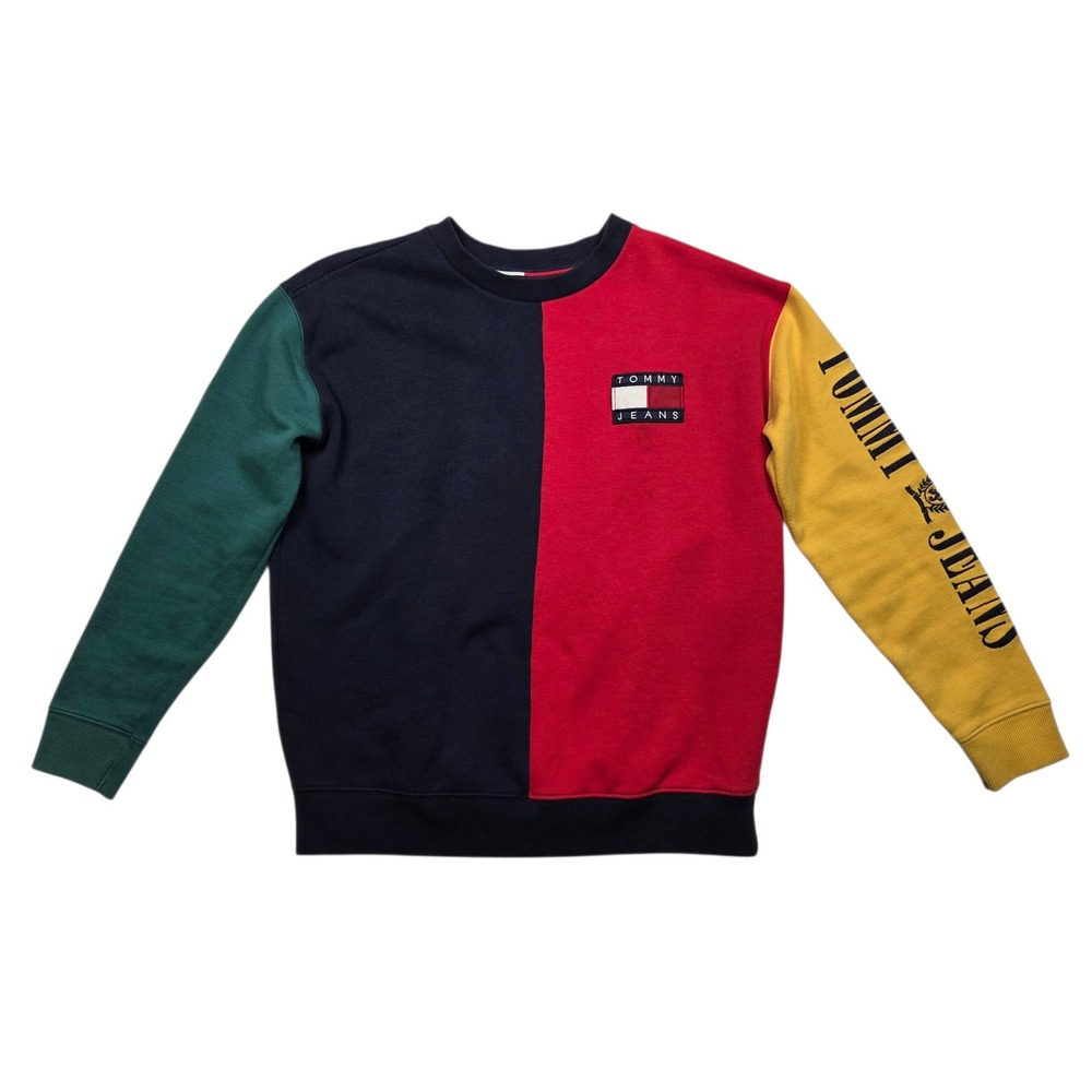Vintage Tommy Jeans Crewneck Sweatshirt S Color Block Logo Spellout Pullover Y2K